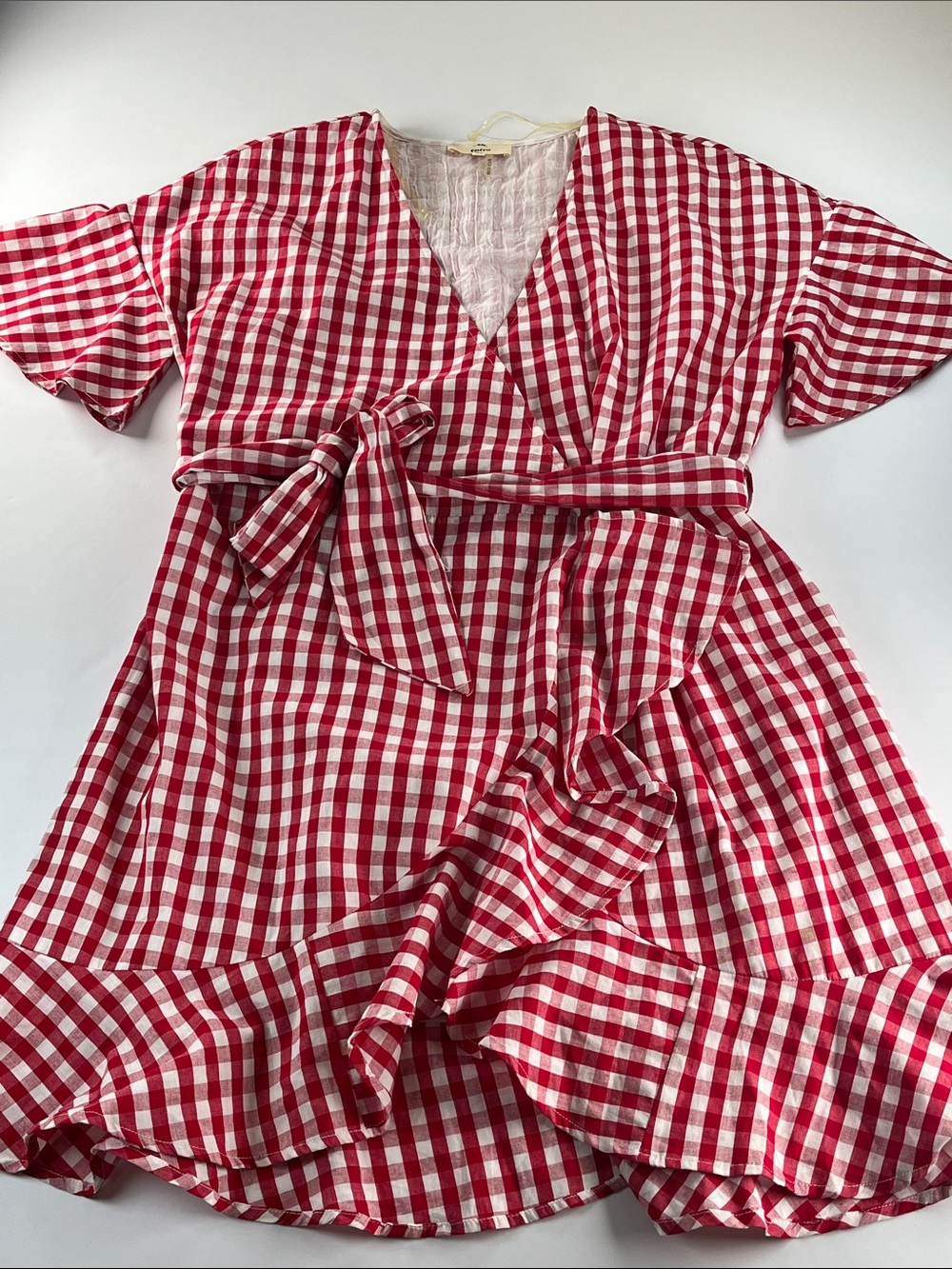 Entro Red and White Gingham Wrap Dress with Tie Waist Sz M